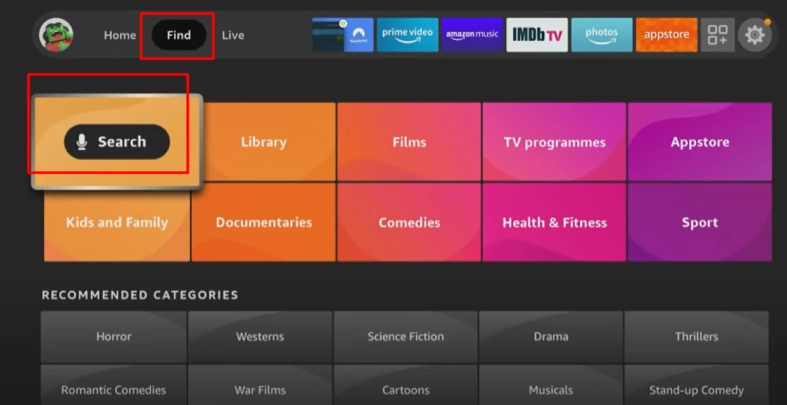 Search tab in fire tv